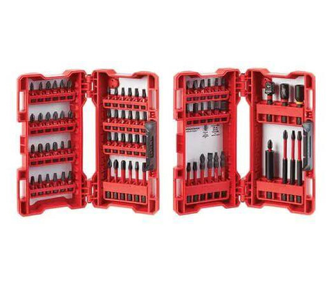 Milwaukee Shockwave 74-piece impact driver bit set in red carrying case, shown in three open views.