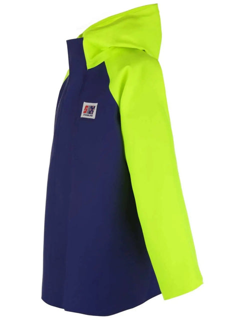Side view of Heavy Duty Waterproof PVC Rain Jacket With 650GSM Shell Hi Vis Panels And Helmet Compatible Hood Welded Seams For Fishing Offshore Work