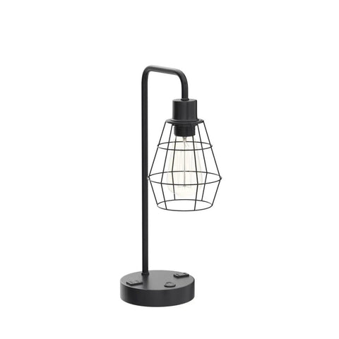 Two Pack Industrial Table Lamps With Dual USB Ports And AC Outlet featuring black metal cage shade, modern vintage design