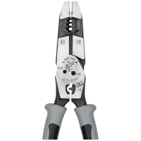 Front view of 9 Inch Journeyman High Leverage Side Cutting Pliers With Crimper Fish Tape Puller And Wire Stripper Pro Grade Electrician Tool