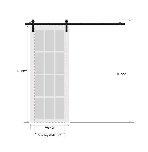 Diagram of Interior Single Sliding Barn Door With Clear Glass And MDF, 42x80 Inches, Black, Modern Style, Hardware Included.