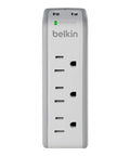 Wall Mount Surge Protector With 3 AC Outlets And 2 USB Ports, Flat Rotating Plug, front view showing outlet configuration