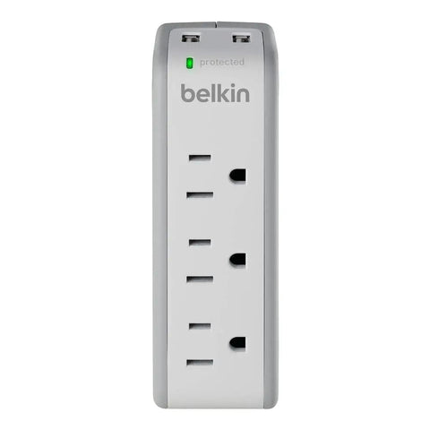 Wall Mount Surge Protector With 3 AC Outlets And 2 USB Ports, Flat Rotating Plug, front view showing outlet configuration