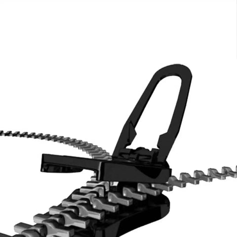Close-up view of the Six Piece Black Universal Zipper Repair Kit with replacement teeth and slider for jackets and bags.