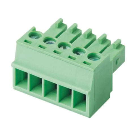 Green 5-Pin 300V 8A KF2EDGK Pluggable Screw Terminal Block Connector, 3.5mm Pitch for 28-16 AWG No-Solder Wiring, side view.