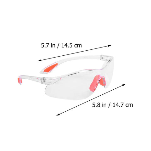 Four Pack Real Deal Fogless Safety Glasses With Thick Padding And Rounded Edges Windproof Splash Goggles in clear with red accents.