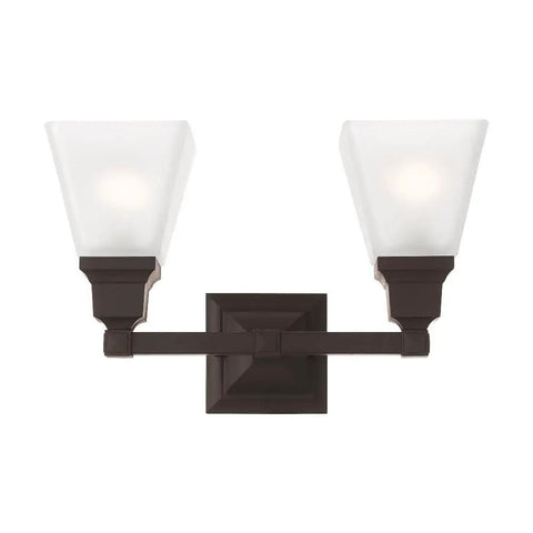 Mission Style Two Light Bath Light in Polished Nickel with Transitional Steel Design on white background