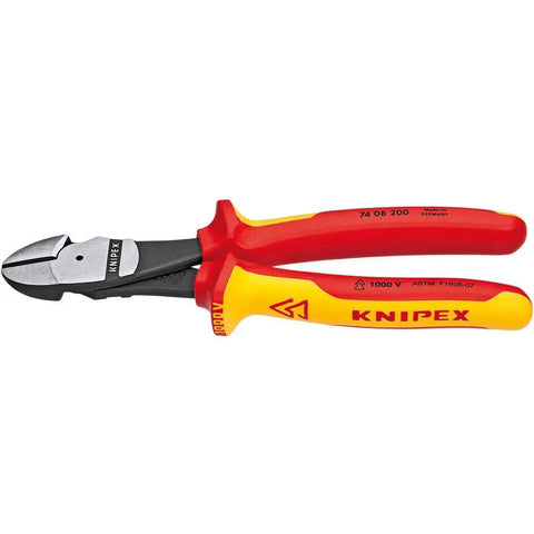 Insulated High Leverage Diagonal Cutters 8 Inch with red and yellow grip, pro-grade pliers for electricians and techs, side view
