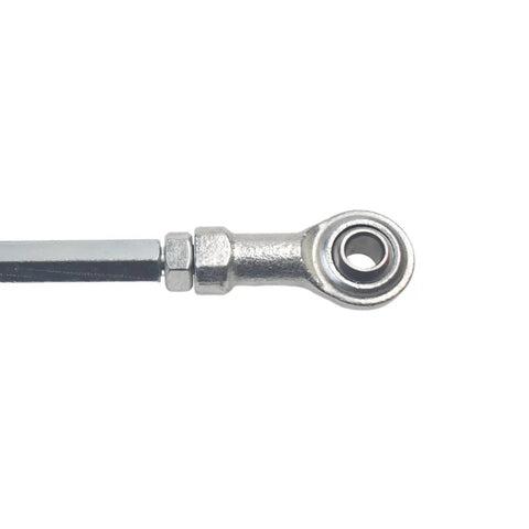 Adjustable Steering Tie Rods Set Of 2 238mm 240mm Lengths With 8mm Hole For 49cc Go Karts And Electric ATVs Built Beefy From Rust Resistant Metal For Easy Fit And Long Lasting Performance. close-up of 8mm rose joint and threaded rod end