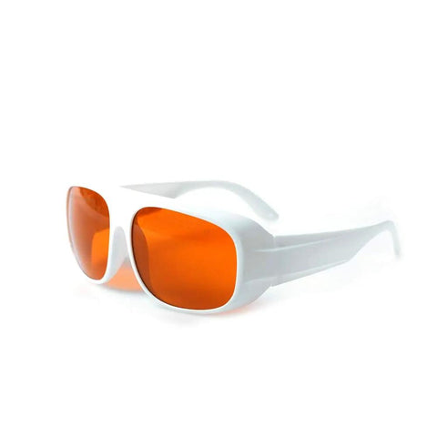 Top Shelf Heavy Duty Laser Safety Glasses Shielding Eyes From 532 Nanometer And 1064 Nanometer Beams With High Optical Density Rating For Lab And Workshop Use Straight Up Badass Eye Protection with orange lenses.