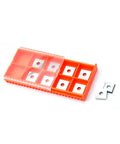 12Mm Square Tungsten Carbide Router Bit Replacement Inserts With Mounting Hardware Four Indexable Cutting Edges in orange storage case.