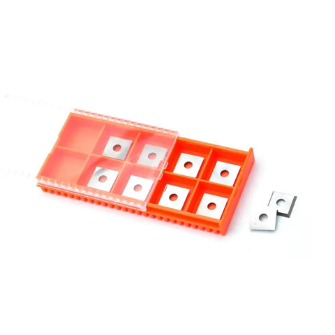 12Mm Square Tungsten Carbide Router Bit Replacement Inserts With Mounting Hardware Four Indexable Cutting Edges in orange storage case.