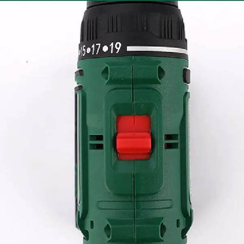 Beefy 21V Rechargeable Cordless Hand Drill Kit Featuring Dual Speed Gears, showing ergonomic handle and gear selector.