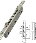 Sliding Glass Patio Door Lock Mortise Type 2-Point With 7.796 Inch Screw Hole Spacing, Dual Hook Latches, shown with dimensions.