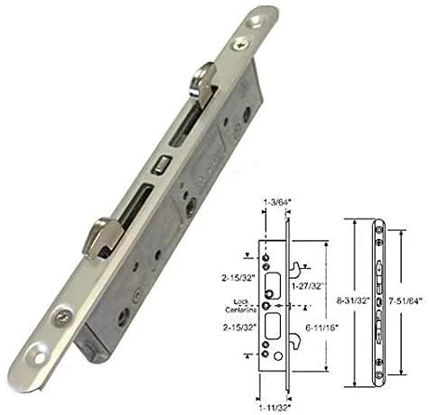 Sliding Glass Patio Door Lock Mortise Type 2-Point With 7.796 Inch Screw Hole Spacing, Dual Hook Latches, shown with dimensions.