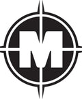 Black and white logo featuring a capital letter M within a compass design.