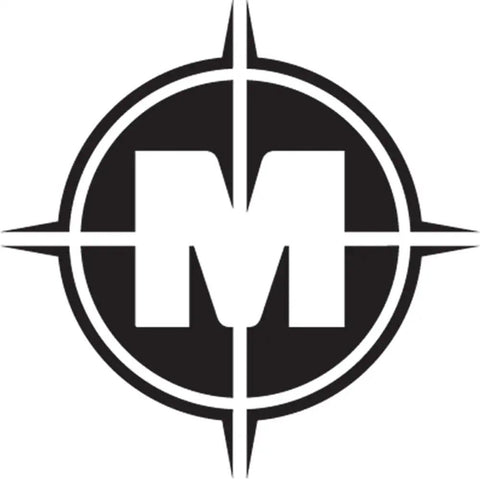 Black and white logo featuring a capital letter M within a compass design.