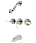 Victorian Triple Handle Tub And Shower Faucet In Polished Nickel, Solid Brass Wall Mount Fixture With Washerless Cartridge display