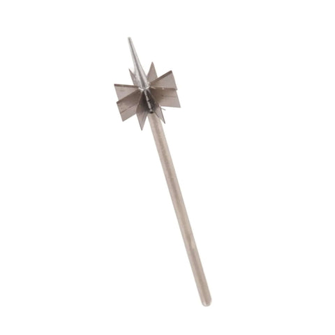 Front view of Plum Blossom onion cutter with stainless steel star-blade head on a metal handle