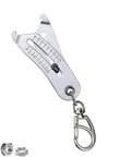Front view of bolt size finder keychain with dual metric/imperial scale, metal body, and lobster clasp