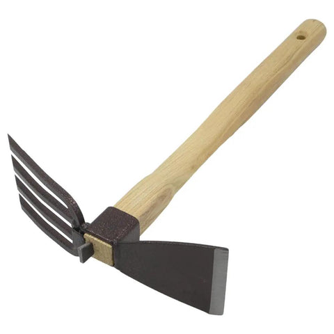 Heavy Duty Hoe And Fork Garden Tool Combo with 3.25 Inch Carbon Steel Blade and 4 Prong Fork for Weeding, One Hand Use