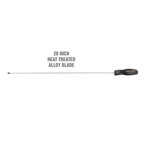 No. 2 Phillips Screwdriver 20 Inch Pro Grade, Rust Resistant Resin Handle, long shaft with text overlay "20 Inch Heat Treated Alloy Blade"