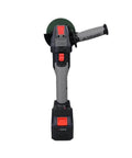 21V Cordless Electric Angle Grinder With Brushless Motor And Gutsy 6000mAh Battery, vertical view with handle and power buttons.