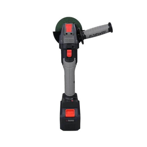 21V Cordless Electric Angle Grinder With Brushless Motor And Gutsy 6000mAh Battery, vertical view with handle and power buttons.