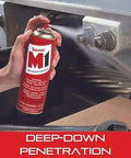 Hand using All Purpose Industrial Lubricant Spray With Micro Thin Airtight Coating Silicone Free Rust And Corrosion Protection Deep Penetration Dirt Repellent Cleans And Polishes For Motion Free Nuts Bolts And Metal Parts Keeps Gears Moving 12 Oz Aerosol Can on metal gears