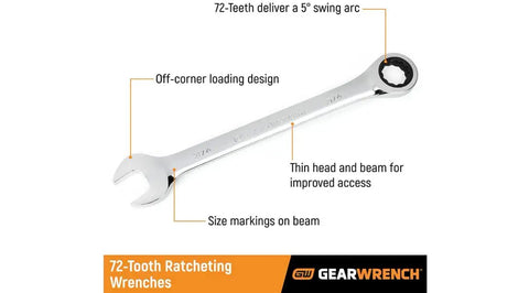 Image of a single wrench from the Ratcheting Wrench Set 13 Piece 12 Point SAE Tools For Mechanics With 72 Tooth Box End And Off Corner Loading.