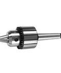 Heavy Duty MT2 Drill Chuck Assembly With Half Inch Capacity For Lathe Tailstock and Precision Shops Made Tough to Handle Any Daily Grind Job Ready With Key, showing chuck and taper.