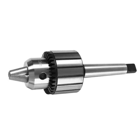 Heavy Duty MT2 Drill Chuck Assembly With Half Inch Capacity For Lathe Tailstock and Precision Shops Made Tough to Handle Any Daily Grind Job Ready With Key, showing chuck and taper.