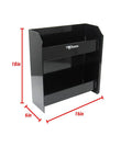 Black Junior Oil Cabinet Organizer for Garage and Trailer, Enclosed Aluminum Cabinet That Holds 12 Quarts, dimensions shown.