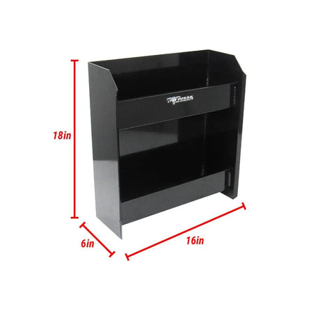 Black Junior Oil Cabinet Organizer for Garage and Trailer, Enclosed Aluminum Cabinet That Holds 12 Quarts, dimensions shown.