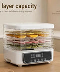 Straight Up Electric Food Freeze Dryer Machine With Five Trays And Digital Timer Precision Temperature Control For Home Kitchens, with five layered trays stacked with fruits and vegetables.