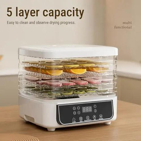 Straight Up Electric Food Freeze Dryer Machine With Five Trays And Digital Timer Precision Temperature Control For Home Kitchens, with five layered trays stacked with fruits and vegetables.