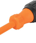 Close-up of orange handle and shank of insulated screwdriver, part of 3 piece Pro Grade Insulated Screwdriver Set With 1000V Rating, 4 Inch Round Shanks, Square Tip, Phillips, And Slotted Tips, Cushioned Grip Handles, Built To Last For Pros, 3 Piece Pro Grade For Electricians, Made In USA.