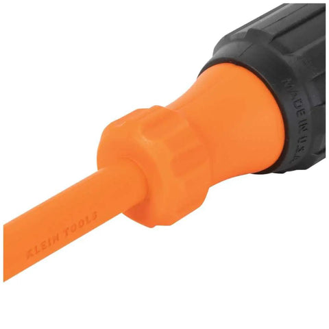Close-up of orange handle and shank of insulated screwdriver, part of 3 piece Pro Grade Insulated Screwdriver Set With 1000V Rating, 4 Inch Round Shanks, Square Tip, Phillips, And Slotted Tips, Cushioned Grip Handles, Built To Last For Pros, 3 Piece Pro Grade For Electricians, Made In USA.