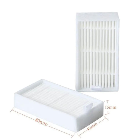 Two white HEPA filter replacements for V3s V5 V5s robotic vacuum cleaners, showing dimensions for compatible filtration set.