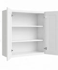 Built Tough White Shaker Wall Cabinet Featuring Two Doors And Super Smooth Soft Close Drawers, open view with shelves.