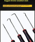 Close-up of 4-piece automotive pick tool set with black non-slip grips and chrome vanadium steel shafts