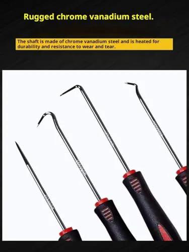 Close-up of 4-piece automotive pick tool set with black non-slip grips and chrome vanadium steel shafts