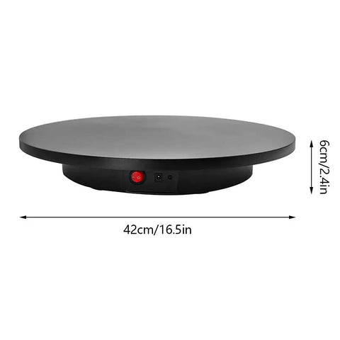 Rock The 16 5 In Electric Rotating Display Stand with 42cm diameter, 6cm height, black ABS base, for photography.
