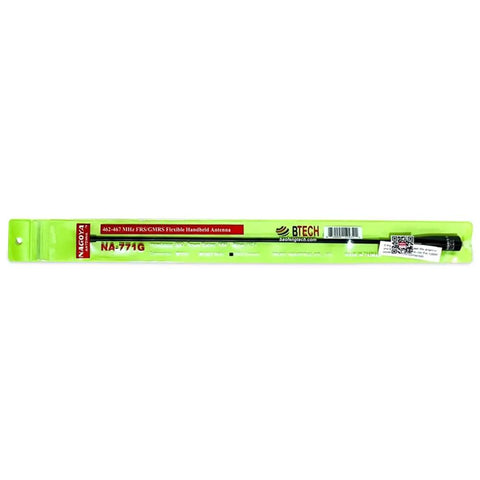 15.3 Inch GMRS Antenna With 3 dBi Gain For BTECH BaoFeng Radios SMA Female Connector in packaging, green background.
