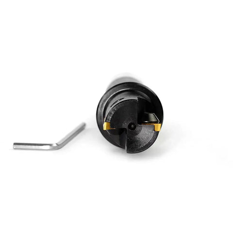 Front view of Beefy Indexable End Mill With R8 Shank One Inch Cutting Diameter And Five And Nine Sixteenths Inch Length Built For Smooth Milling Tin Coated TPG22 Inserts Two Flutes