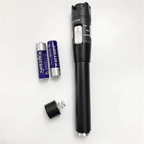 50mW VFL Fiber Optic Visual Fault Locator Pen for Long Range Testing with batteries on white background