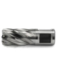No Nonsense HSS Annular Cutter 3/4 Inch Cut Dia With 3/4 Weldon Shank 1 Inch Depth shown from side angle, featuring sharp flutes.