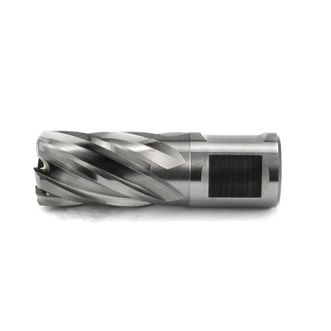 No Nonsense HSS Annular Cutter 3/4 Inch Cut Dia With 3/4 Weldon Shank 1 Inch Depth shown from side angle, featuring sharp flutes.