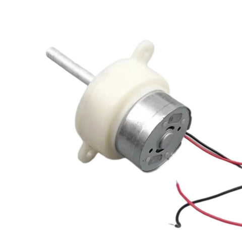 DC geared motor with white plastic gear housing and metal body; 6V, 5RPM, 18mm shaft with red and black wires