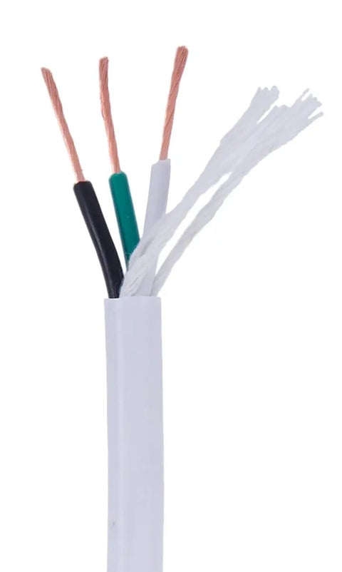 White 18/3 SJT PVC Lamp Cord 3-Wire, 250 Ft Spool, fiber-reinforced with exposed internal copper wires and thick jacket